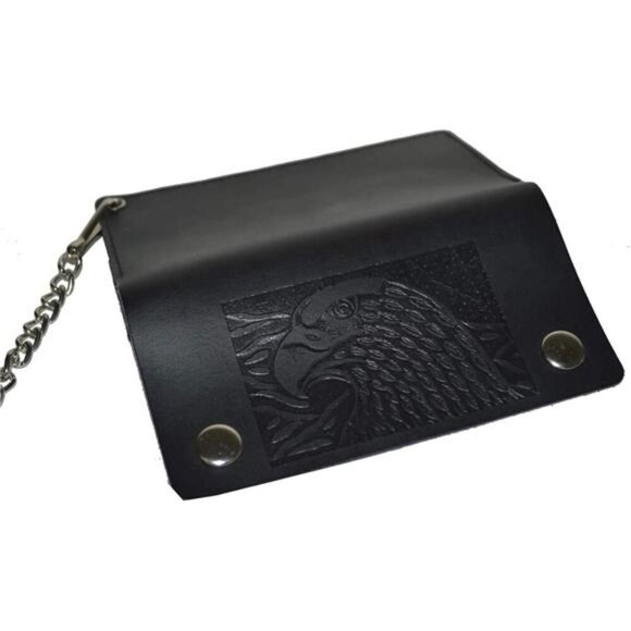 Genuine Leather Men Trifold Eagle Biker Chain Wallet Credit Card Holder - Picture 3 of 7